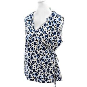 41 Hawthorn Blue and White Leopard Wrap Sleeveless V-Neck Blouse Top Size Large